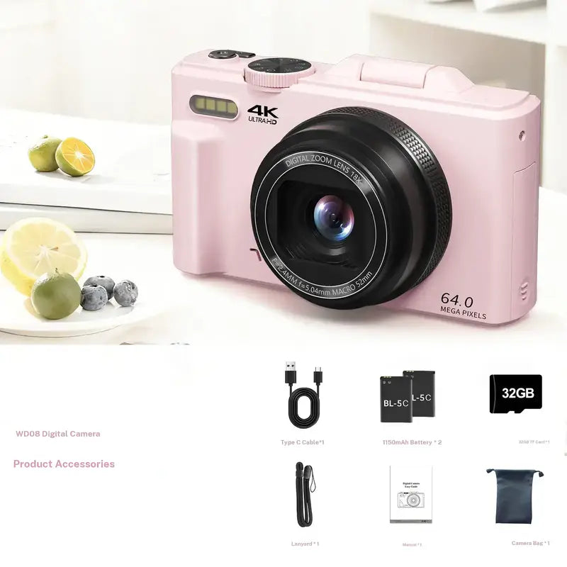 4K Digital Camera for Photography with 64MP, 3 Inch 180° Flip Screen, 18X Digital Zoom, 32GB Micro SD Card, 2 Batteries, Ideal for Gift,father'sdaygifts