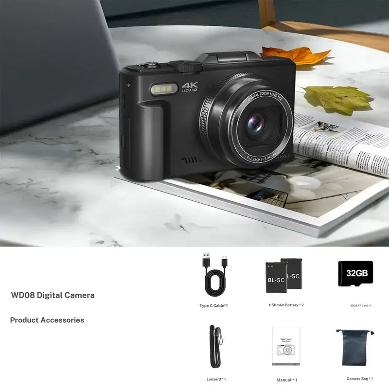 4K Digital Camera for Photography with 64MP, 3 Inch 180° Flip Screen, 18X Digital Zoom, 32GB Micro SD Card, 2 Batteries, Ideal for Gift,father'sdaygifts