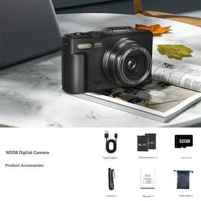4K Digital Camera for Photography with 64MP, 3 Inch 180° Flip Screen, 18X Digital Zoom, 32GB Micro SD Card, 2 Batteries, Ideal for Gift,father'sdaygifts