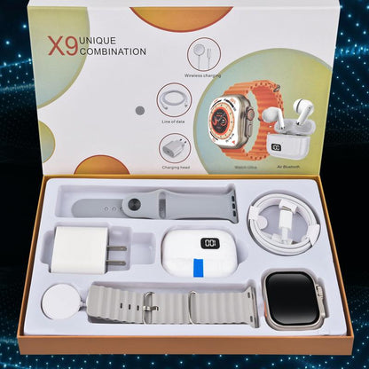 Smartwatch Set: Smartwatch, Bluetooth headphones, 20W fast charger, Type-C cable, adapter, and audio support—compact and portable. Headphone device. Wearable Smartphone Chargeable