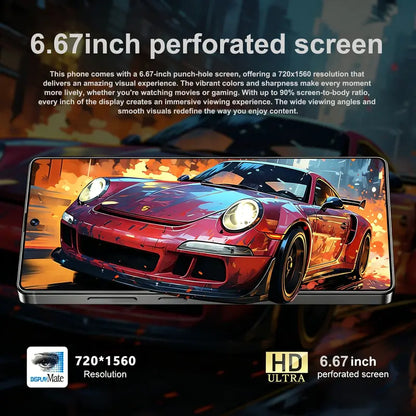 Unlocked smartphone, 6.67-inch screen, dual SIM dual standby, (4+4) core processor, 13MP camera, 4GB RAM, 32GB storage, expandable up to 128GB.