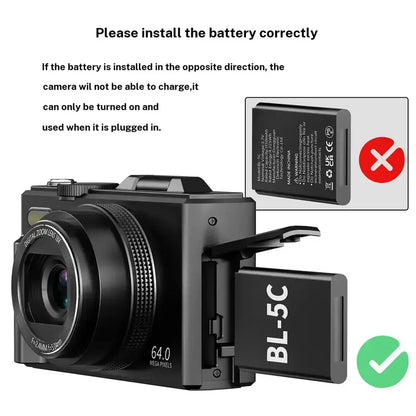 4K Digital Camera for Photography with 64MP, 3 Inch 180° Flip Screen, 18X Digital Zoom, 32GB Micro SD Card, 2 Batteries, Ideal for Gift,father'sdaygifts