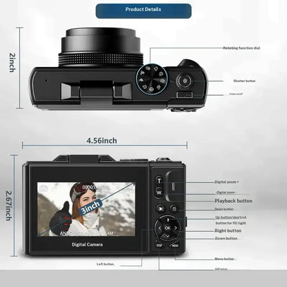 4K Digital Camera for Photography with 64MP, 3 Inch 180° Flip Screen, 18X Digital Zoom, 32GB Micro SD Card, 2 Batteries, Ideal for Gift,father'sdaygifts
